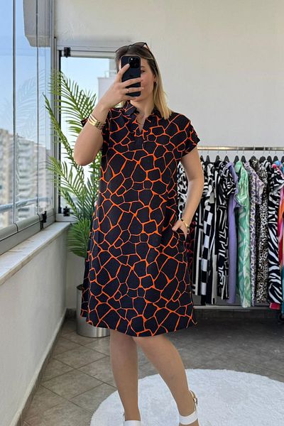 Kubos Moda Polo Neck Shoulder Draped Marble Pattern Orange Dress