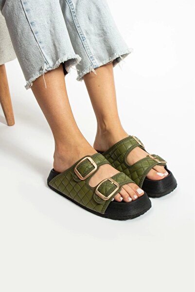 Sivarro Quilted Khaki Buckle Women's Slippers – Orthopedic, Stylish, Non-Slip Sole