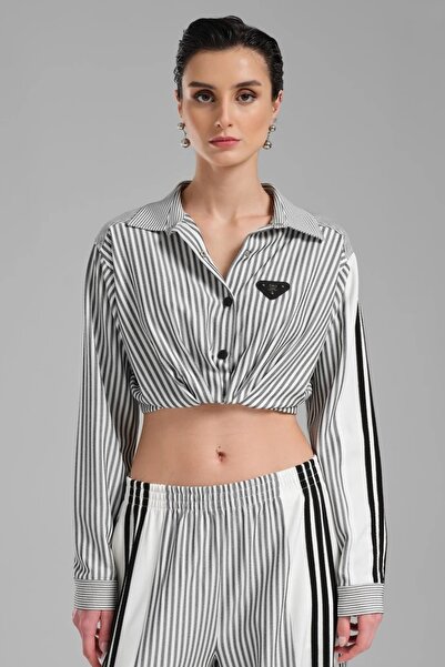 tw3 Cămașă crop pentru femei, cu design cu dungi din material textil