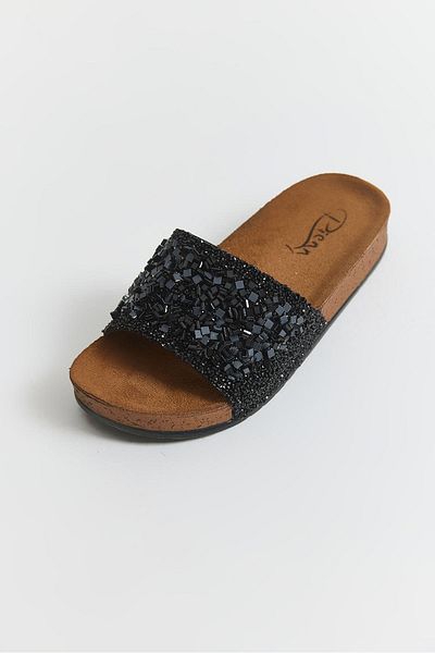 Raneel Kazançlı Alışveriş Thick Tape Stone Detailed Women's Slippers Black