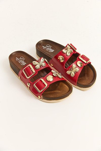 Raneel Kazançlı Alışveriş Double Band Stylish Sole Slippers with Accessories Red