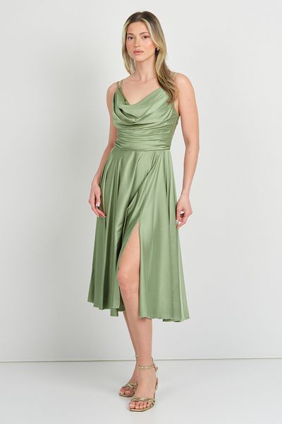 DORİDORCA Doridorca Women's Rope Strap Front Draped Midi Length Evening Dress 5104 Lemon Mold