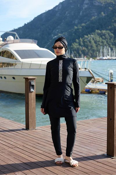 NS TASARIM MAYO Mira Model Stone Striped Lycra Design Hijab Double Swimsuit Set
