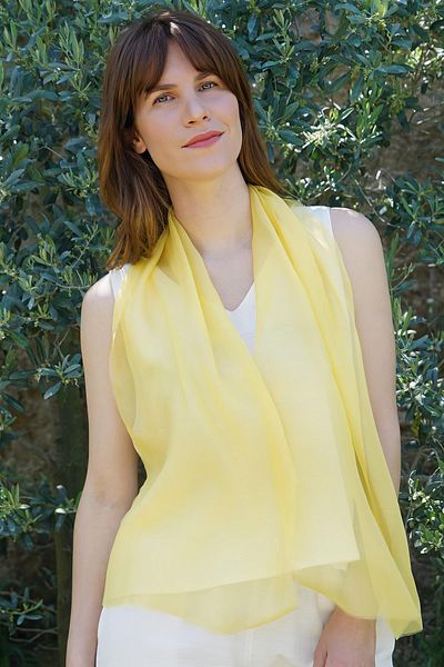 Defne&Apollon İpekçilik 100% Silk Hand Painting Scarf - Tasseled - Yellow