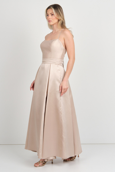 DORİDORCA Doridorca Kadın İp Askılı Sırttan Bağlamalı Tafta Kumaş Abiye Elbise 7078 Bej