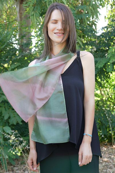 Defne&Apollon İpekçilik 100% Pure Silk Hand Painted Scarf - Special Design 35X140Cm - Pink-Green