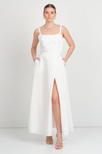 DORİDORCA Doridorca Women's Taffeta Fabric Square Neckline Long Evening Dress with String Strap 7092 White