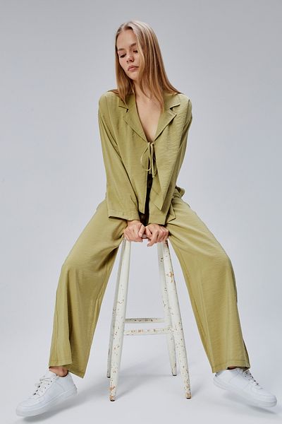 Bolivente Light Khaki Elastic Waist Wide Leg Trousers