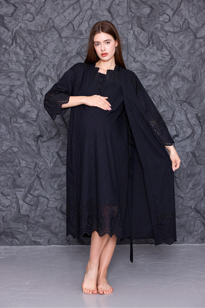 Yulem Homewear Siyah Fisto Keten Lohusa Hamile Gecelik-Sabahlık 2'li Set