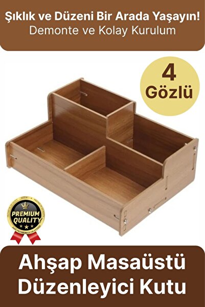 Svein Kırtasiye Kalem Makyaj Malzemesi Saklama Çok Amaçlı 4 Gözlü Bölmeli Ahş...