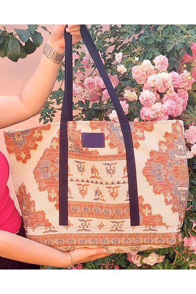 Mio Vero Kilim Patterned Large Size Shoulder-Beach-Shopping Bag Water Repellent Lining, Pockets, No Zipper