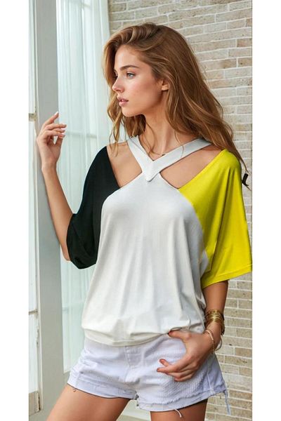 Pasaklı Giyim Women's Low-Cut Window Detailed Black Yellow White Short Sleeve T-Shirt 3265210