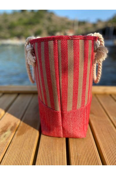 MY BAG ÇANTA Jute-Wicker Women's Shoulder, Beach and Picnic Bag, 100% Cotton Woven with Striped Rope Strap 52X17X36 cm