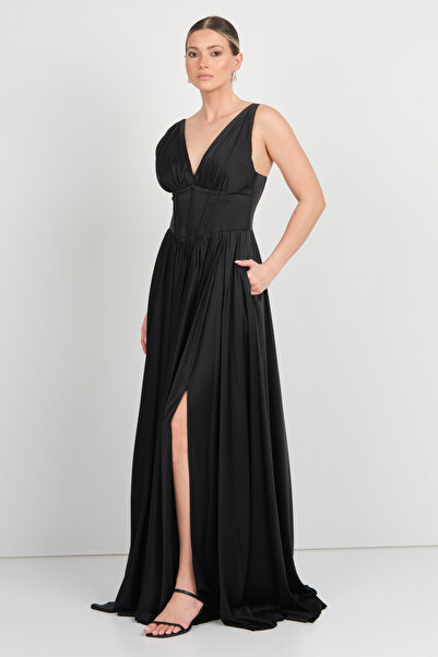 DORİDORCA فستان سهرة طويل للنساء من Doridorca بياقة على شكل حرف V وربطة عنق م...