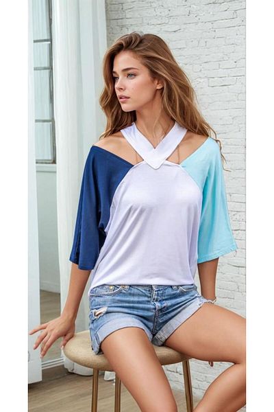 Pasaklı Giyim Women's Low-Cut Window Detailed Short Sleeve Navy Blue Mint White T-Shirt 3264210