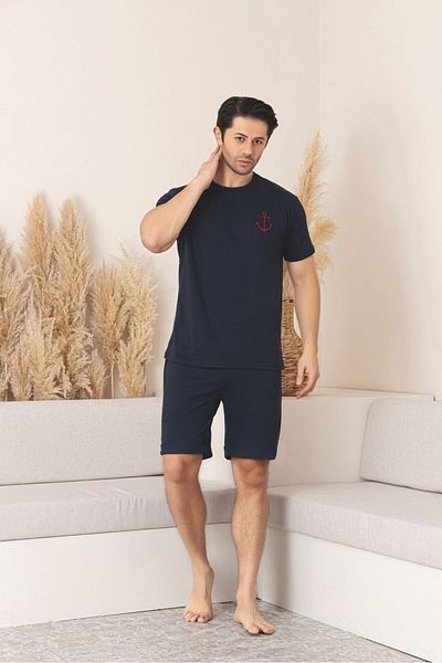 Huq Moda Ανδρικό σορτς με σχισμένο μπαστούνι Navy Blue κοντομάνικο χτενισμένο βαμβακερό σετ πιτζάμες