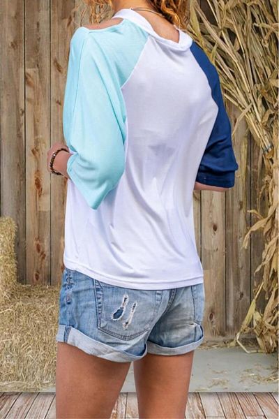 Pasaklı Giyim Women's Low-Cut Window Detailed Short Sleeve Navy Blue Mint White T-Shirt 3264210