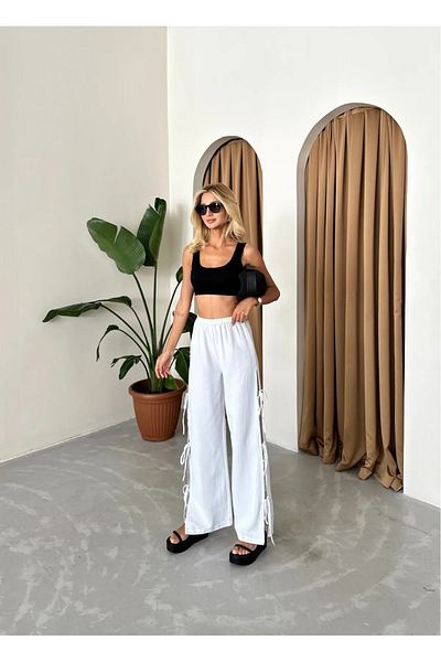 My Blog White 100% Cotton Side Slit and Binding Detailed Trousers - 3528