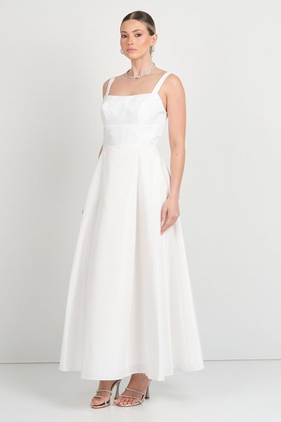 DORİDORCA Doridorca Women's Taffeta Fabric Square Neckline Long Evening Dress with String Strap 7092 White