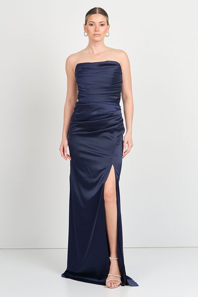 DORİDORCA Doridorca Women Strapless Draped Satin Maxi Evening Dress 7051 Navy Blue
