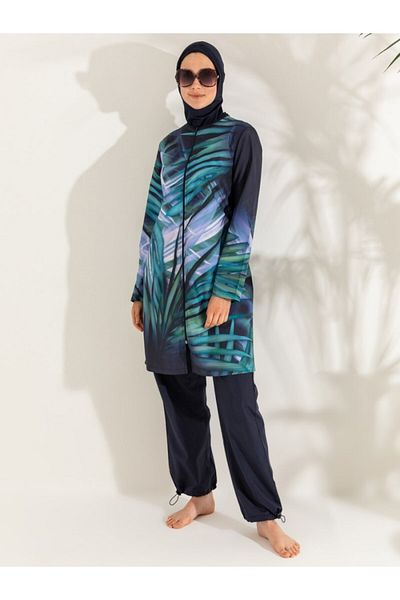 3E yaşam Leaf Transitional Full Covered Swimsuit - Navy Blue