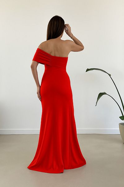 Deafox Red Crepe Fabric Strapless One Shoulder Gathered and Slit Detail Maxi Length Dress