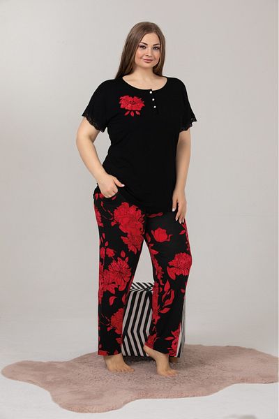 Lady Lingerie Set de pijamale pentru femei cu mâneci scurte, guler cu nasturi, model de flori