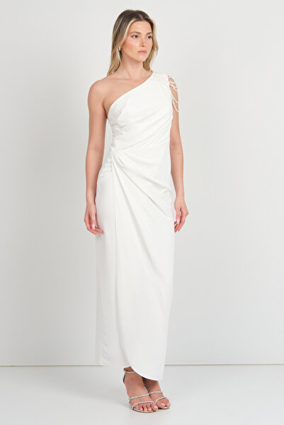 DORİDORCA Doridorca Γυναικείο Μακρύ Βραδινό Φόρεμα με έναν ώμο και Πέτρα με λεπτομέρειες 6053 Λευκό