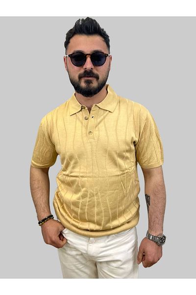 daniel milano Men's Wave Striped Slim Fit Polo Neck Yellow Knitwear T-Shirt