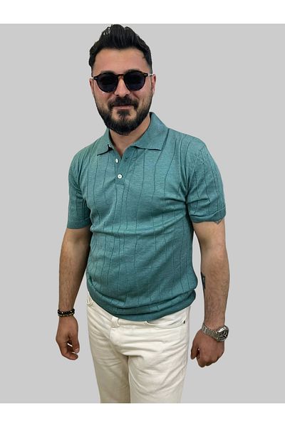 daniel milano Men's Wave Striped Slim Fit Polo Neck Mint Green Knitwear T-Shirt