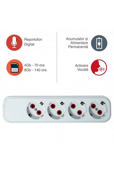 Minitechnics Reportofon cu alimentare permanenta in prelungitor tripla - 70 de ore de inregistrari cu activare vo