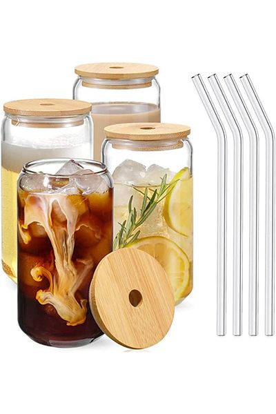 COOYA 4Pcs with Bamboo Lids and Glass Straw,540ML,Cylindrical Design,for Any Occasion 6x6x15.5cm