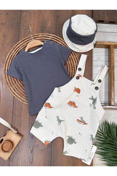 Baby Waka Cep Detail Dinosaur Printed Hat Men's Salopet