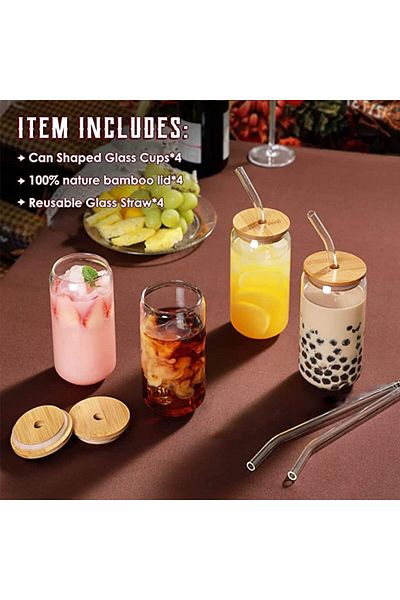 COOYA 4Pcs with Bamboo Lids and Glass Straw,540ML,Cylindrical Design,for Any Occasion 6x6x15.5cm