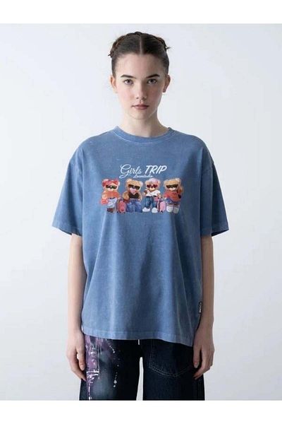 Zekids Girl's Teddy Bear Printed Oversize T-Shirt