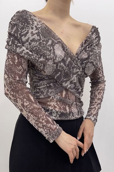Nazline Women's Double Breasted Collar Leopard Print Tulle Blouse