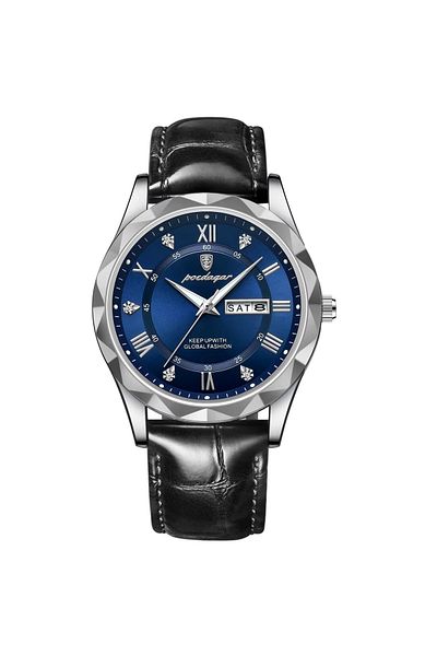 delis Men's watch Poedagar CS1777, genuine leather, black-silver, blue dial