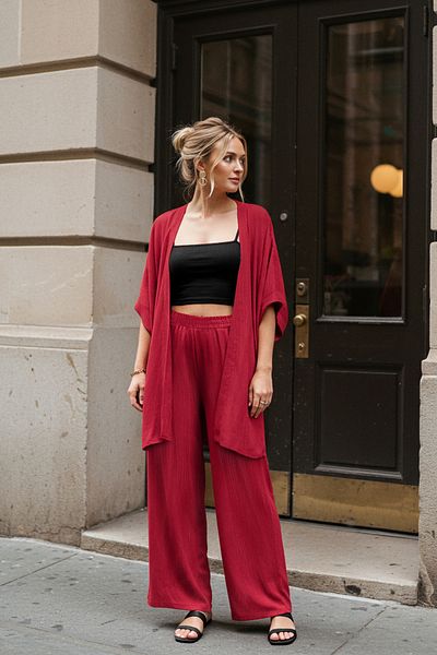 Trendyol Collection Roter Kimono und Hose mit weitem Bein, gewebter zweiteiliger Oberteil-Set TWOSS25AU00079