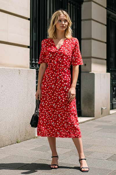 Trendyol Collection Red Floral A-Line Midi Woven Dress Twoss25El00300