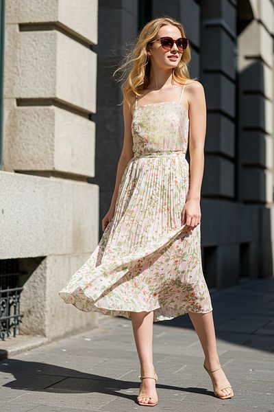Trendyol Collection Pleated Midi Ecru Floral Print Dress - Waist Opening Skirt Twoss25El00581
