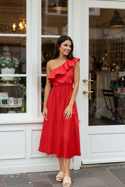 Trendyol Collection Red Floral Straight Cut Midi Woven Dress Twoss25El00283
