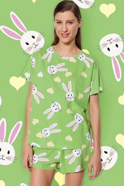 Trendyol Collection Green RabbiT PaTTerned 100% CoTTon HearT Σετ πιτζάμες - T-shirt και σορτς THMSS23PT00005