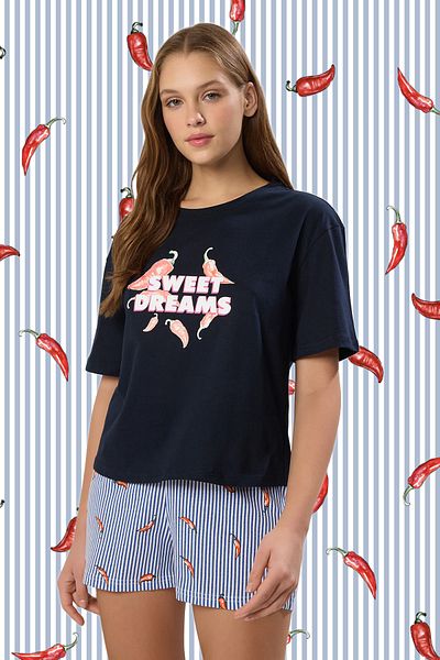 Trendyol Collection Navy Blue 100% Cotton Stripe Pepper Pattern Knitted Pajama Set with Shorts
