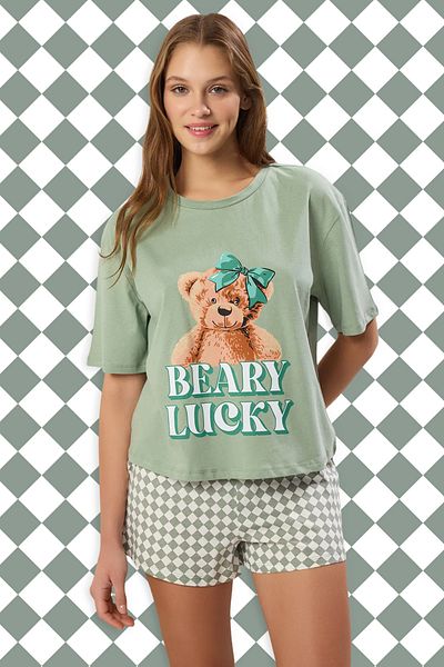 Trendyol Collection 100% Cotton Teddy Bear Shoort Knitted Pajamas Set Thmss25Pt00409