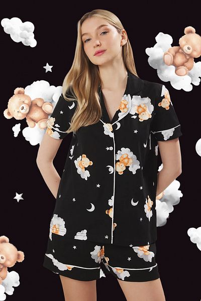 Trendyol Collection Black 100% Cotton Teddy Bear Galaxy Patterned Knitted Pajama Set with Piping Shorts