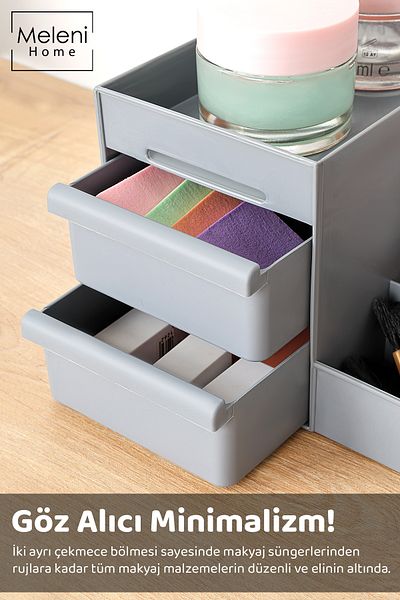 Meleni Home Set of 2 Makeup Organizer - Cosmetic Perfume Cream Jewelry Accessory Multi-Purpose Organizer Box Gray