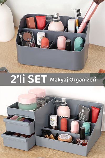 Meleni Home Set of 2 Makeup Organizer - Cosmetic Perfume Cream Jewelry Accessory Multi-Purpose Organizer Box Gray