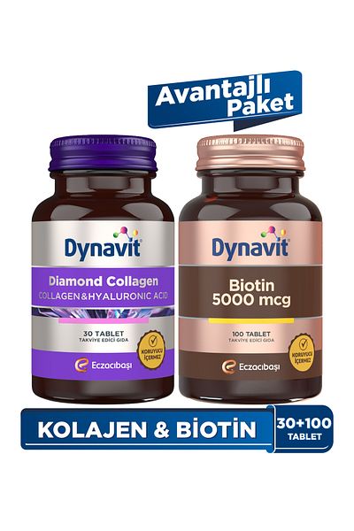 Dynavit كولاجين دايموند وحمض الهيالورونيك 30 قرص + بيوتين 5000 مكعب 100 قرص - عبوة مميزة