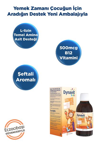 Dynavit Kids Lizinkid-B12 Syrup 150ml- L-Lizin Essential Amino Acid Support, B Vitamins, Chromium, Zinc
