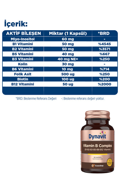 Dynavit Vitamin B Complex 50 Kapsül - Enerji - B Kompleks (B1, B2, B3, B5, B6, B12 Vitaminleri)